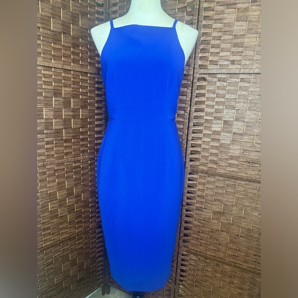 H&M Blue business casual Halter Dress size 8 Back Gold zipper Back slit - Picture 10 of 11